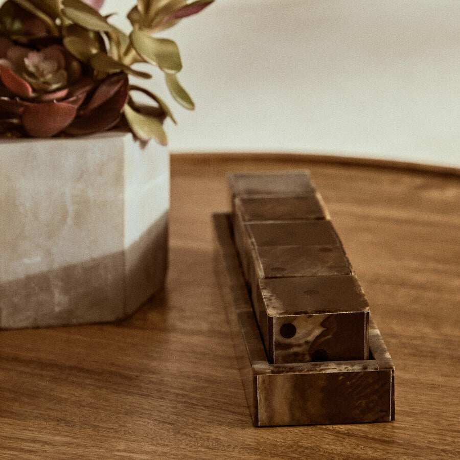 Orsina Brown and Black Resin Five Dice Set with Rectangular Tray