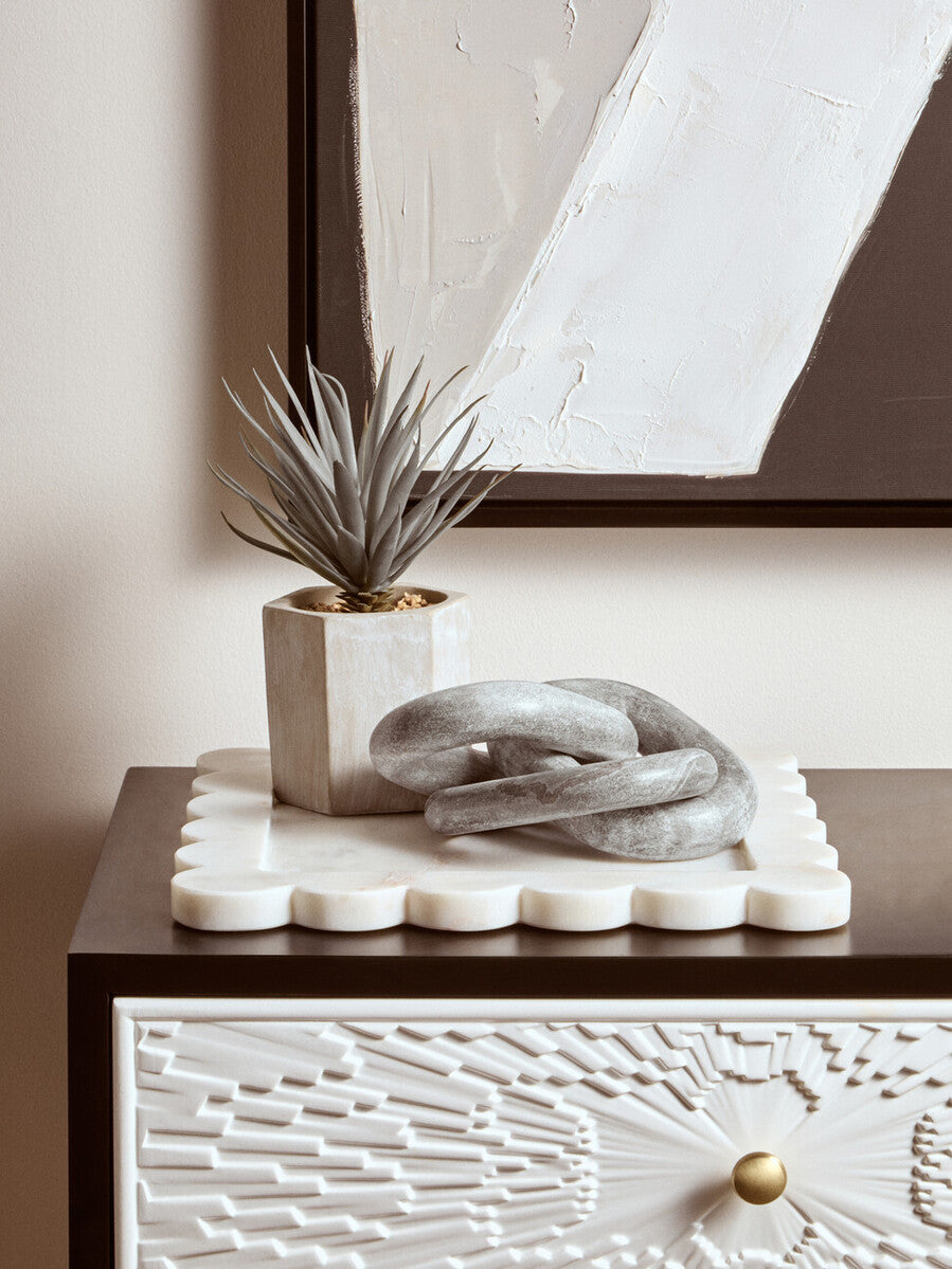 Orsina Savio Large White Marble Square Tray with Scalloped Edges