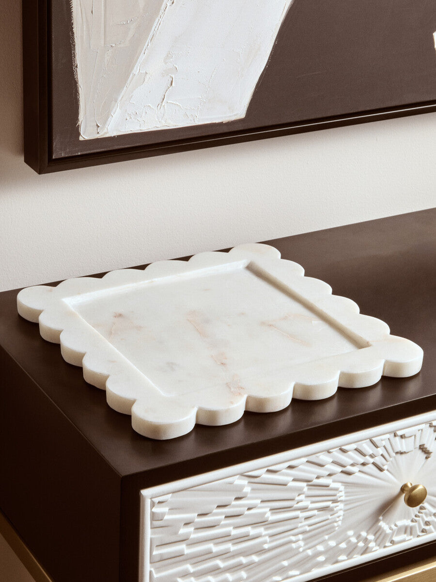 Orsina Savio Large White Marble Square Tray with Scalloped Edges