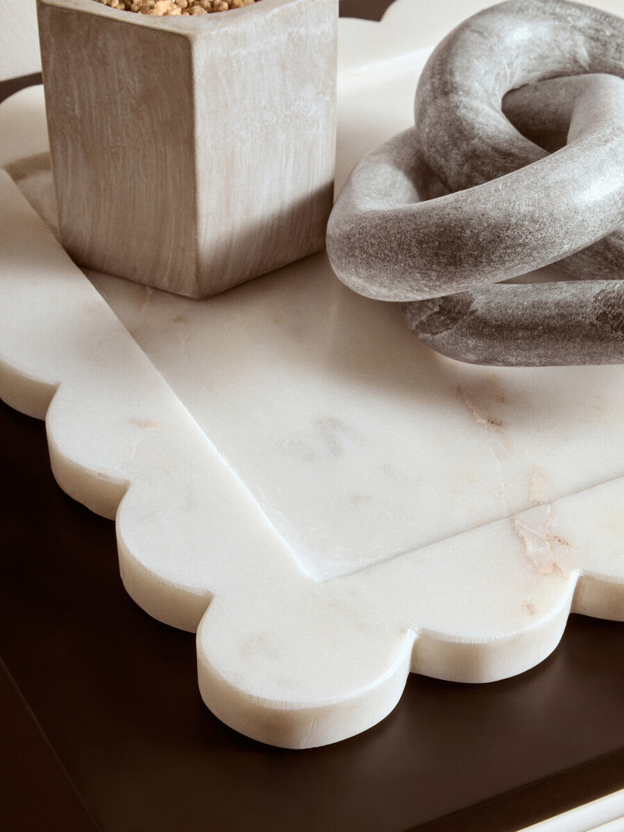 Orsina Savio Large White Marble Square Tray with Scalloped Edges