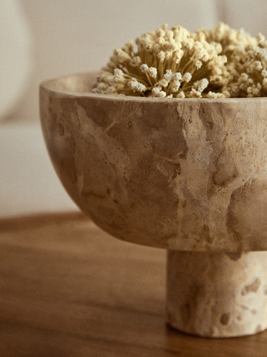 Orsina Santino Chocolate Marble Pedestal Bowl – Brown Stone Centerpiece