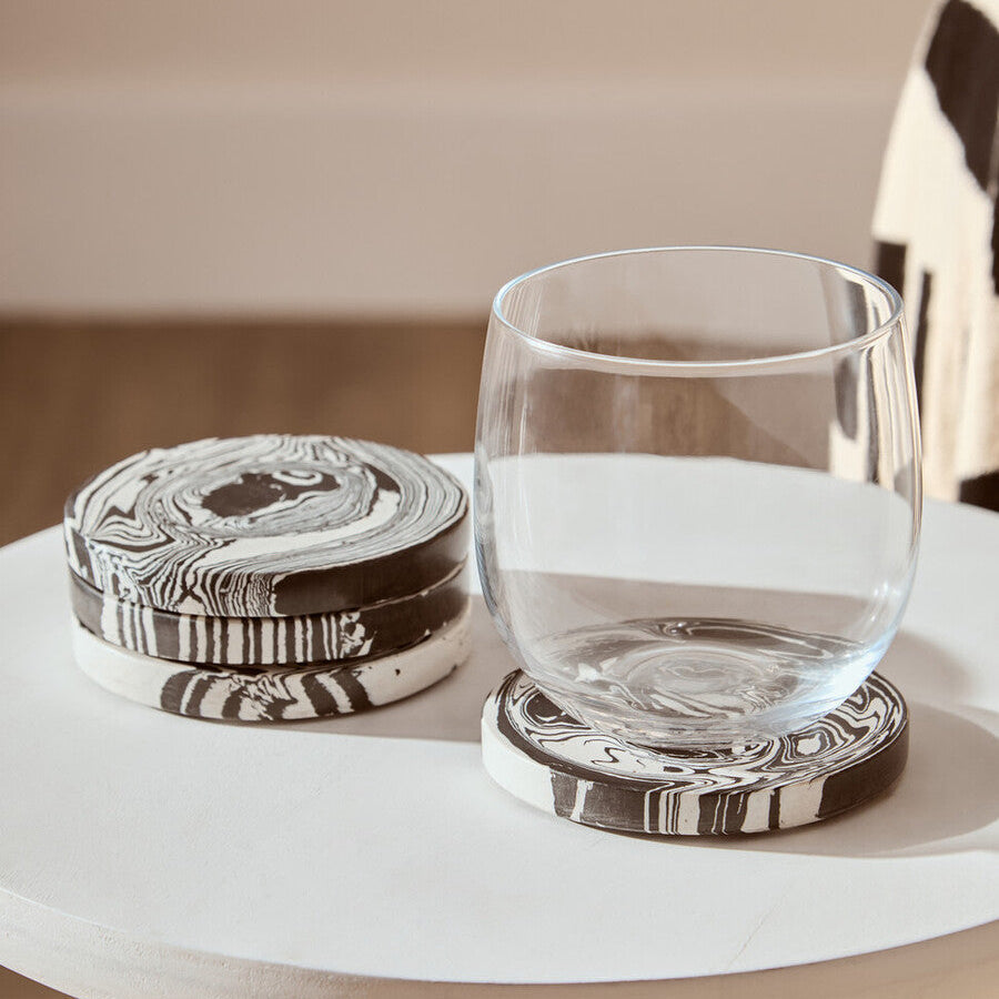 Orsina Helsa Round Marble Coasters – Black and White Stone Set of 4