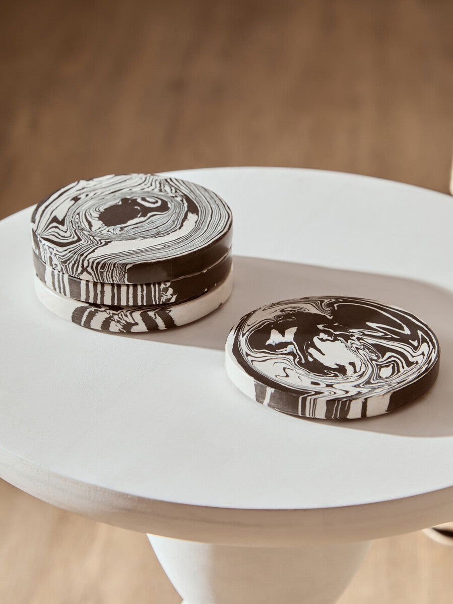 Orsina Helsa Round Marble Coasters – Black and White Stone Set of 4