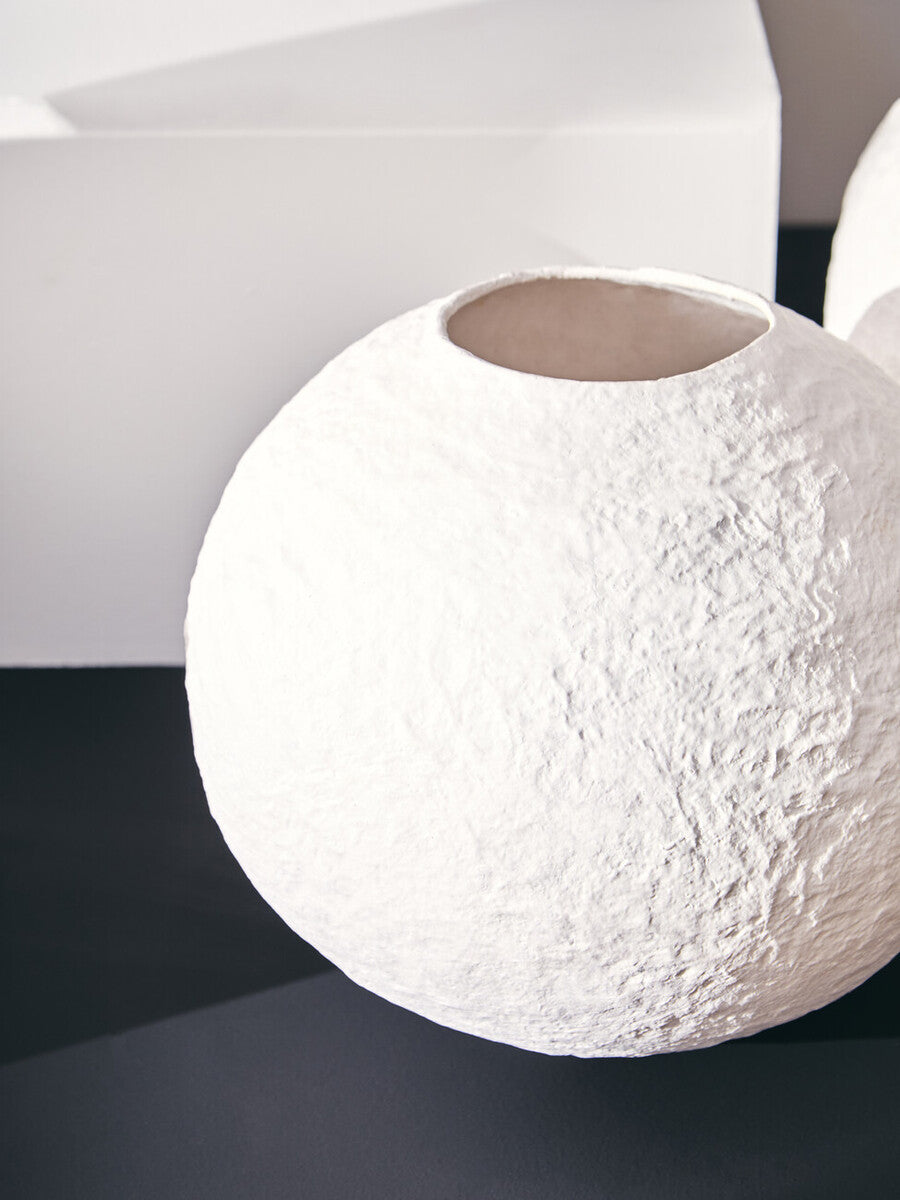 Orsina Sanai Small White Round Vase – Hand-Painted Cotton Mache Decor