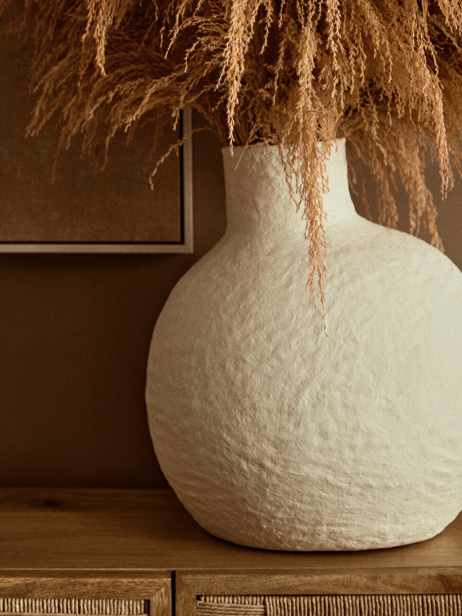 Orsina Sanai Large Cream Cotton Mache Vase – Textured Decorative Sculpture