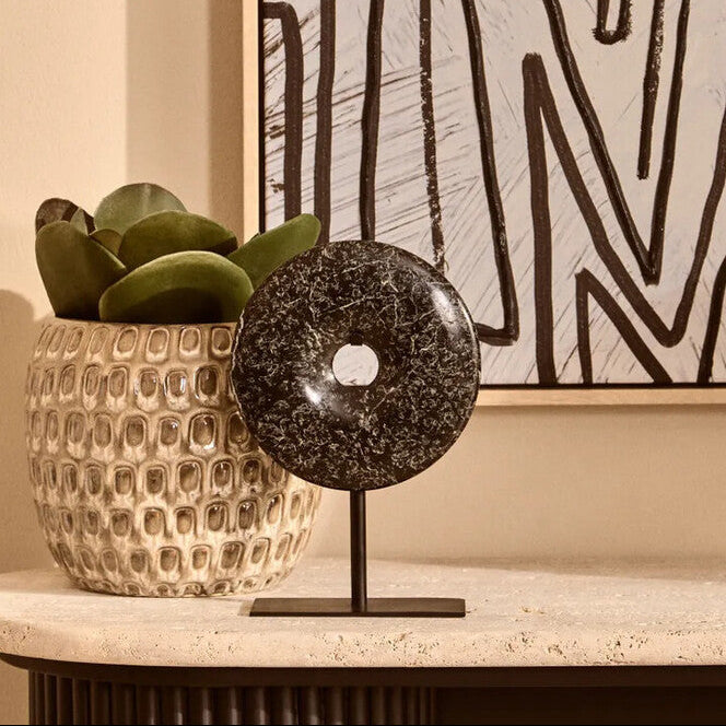 Orsina Salmo Black Marble Disc Sculpture – 15cm Round Tabletop Decor
