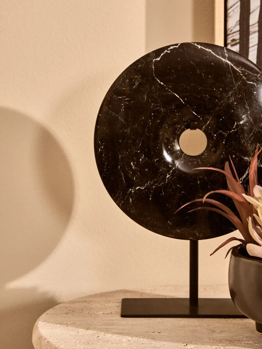 Orsina Salmo Black Marble Disc Sculpture – 20cm Round Tabletop Decor