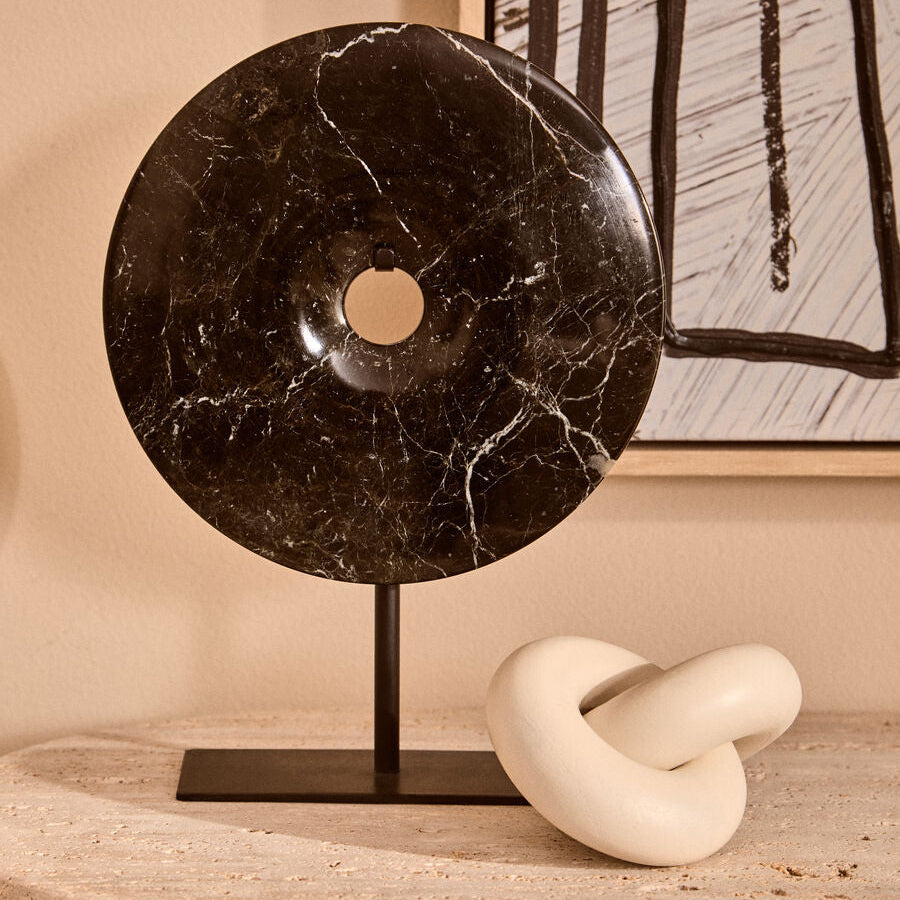 Orsina Salmo Black Marble Disc Sculpture – 20cm Round Tabletop Decor