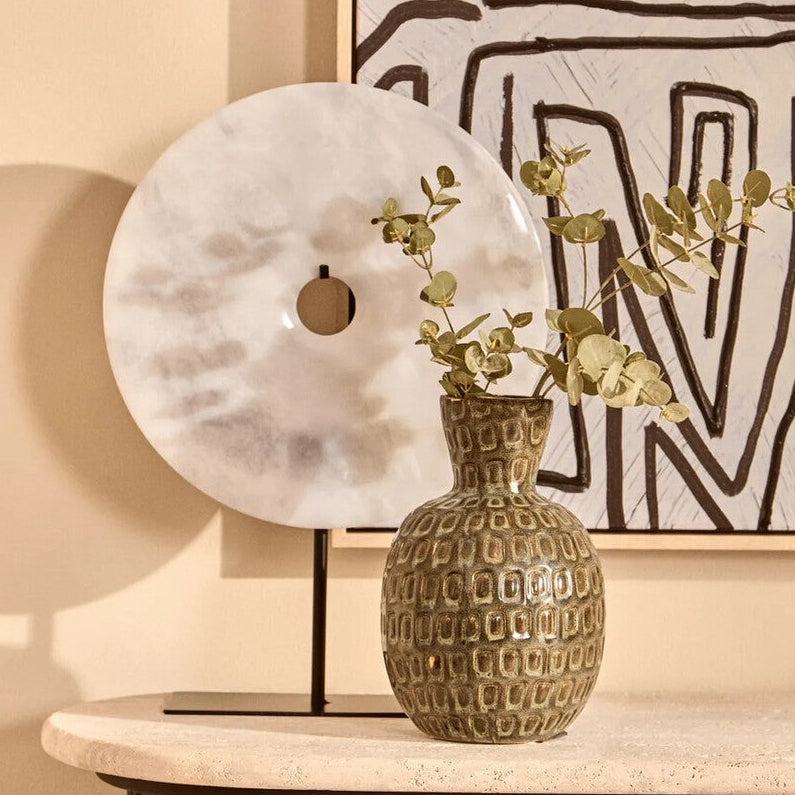 Orsina Zoro White Marble Round Disc Sculpture – 30cm Modern Art