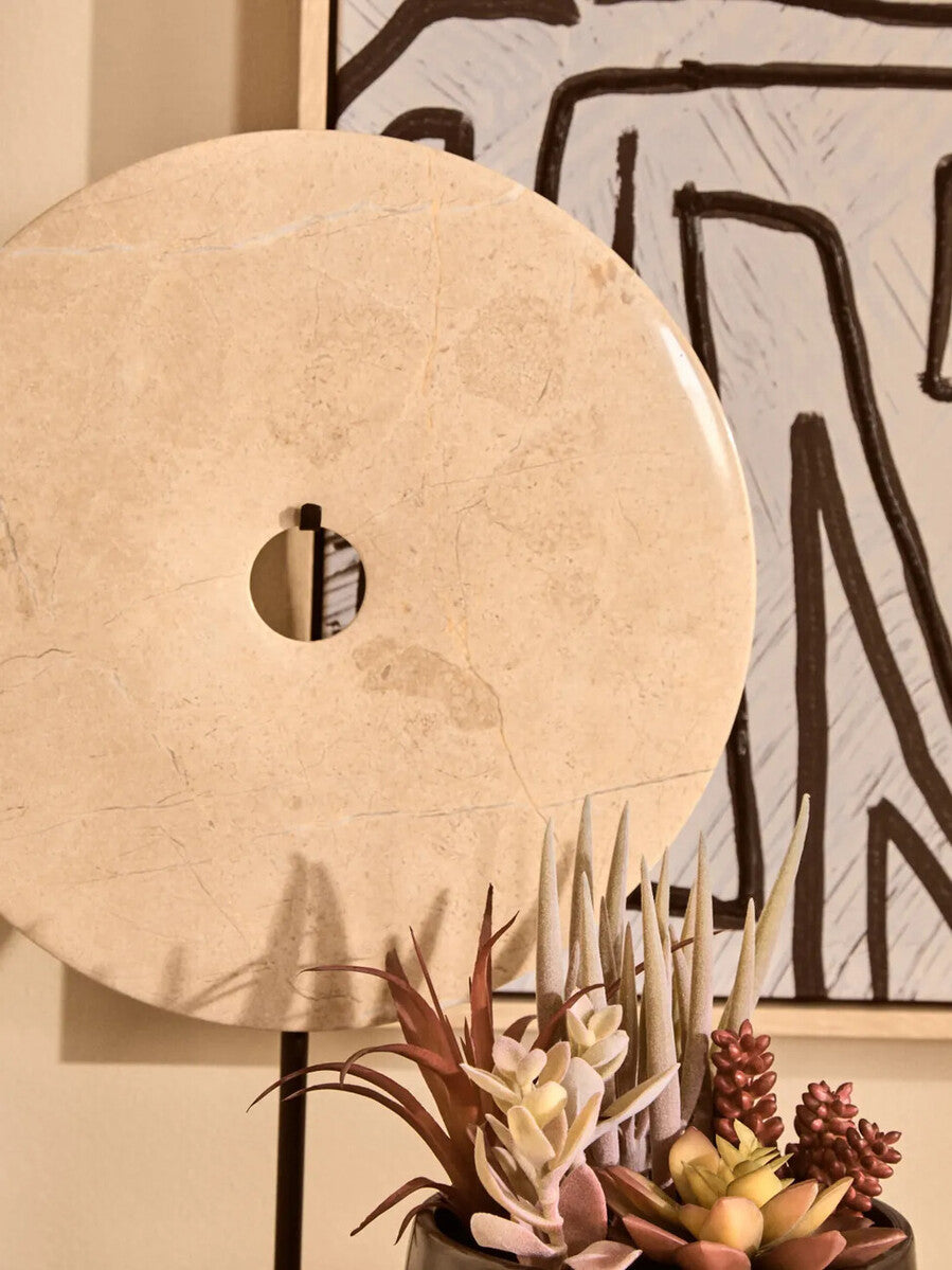 Orsina Zoro Large Cream Marble Disc Sculpture | 30cm Round Stone Art