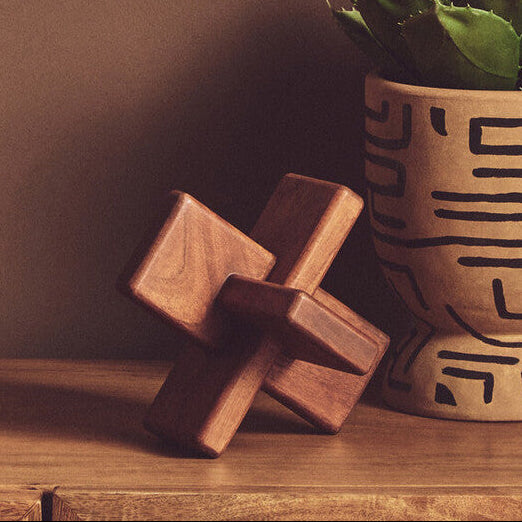 Orsina Cato Brown Wood Sculpture – Geometric Japandi Tabletop Decor
