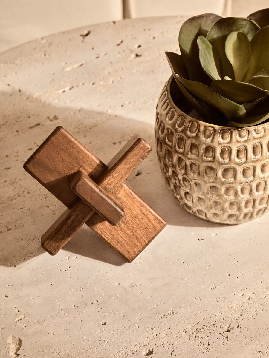 Orsina Cato Brown Wood Sculpture – Geometric Japandi Tabletop Decor