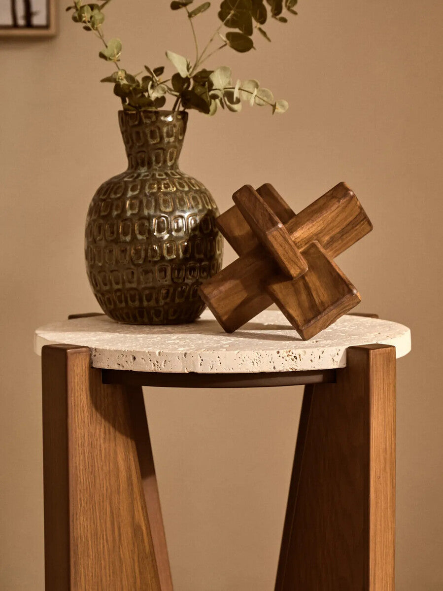 Orsina Cato Brown Wood Sculpture – Geometric Japandi Tabletop Decor