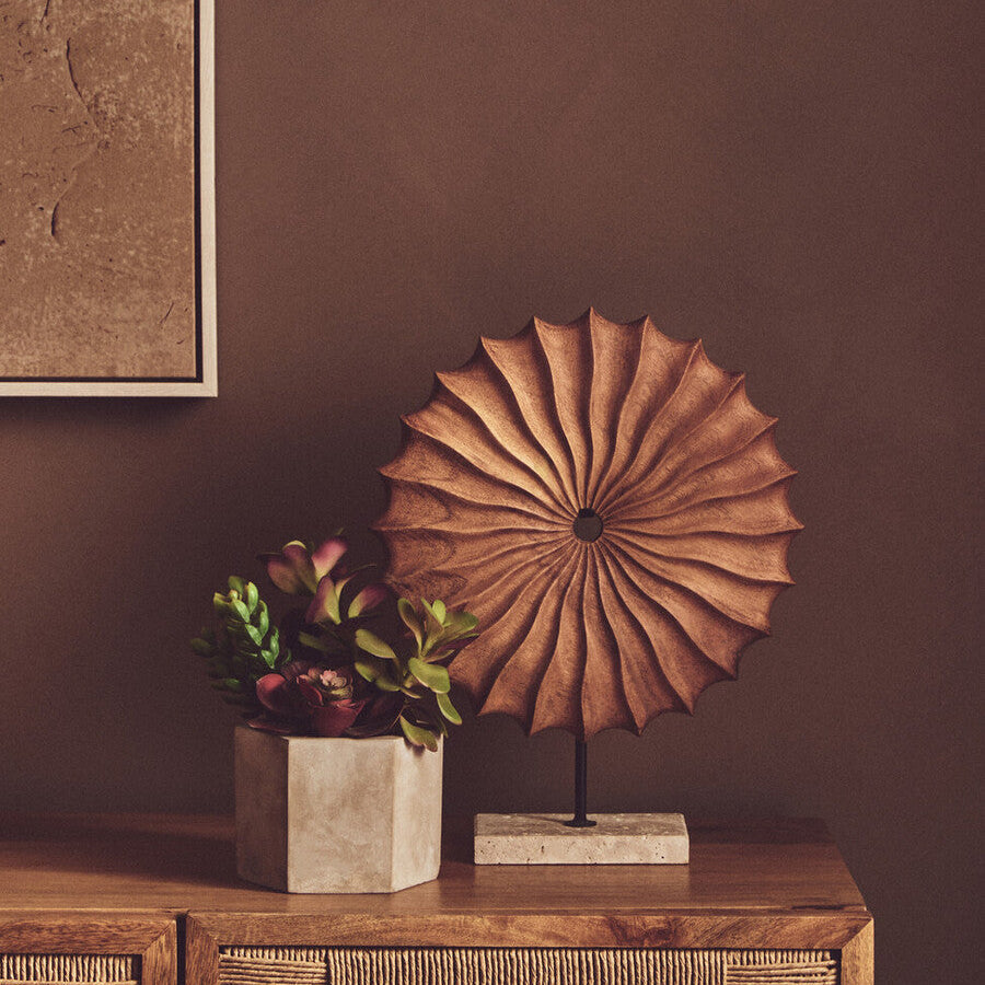 Orsina Natural Wood Round Sculpture with Travertine Base – 15"