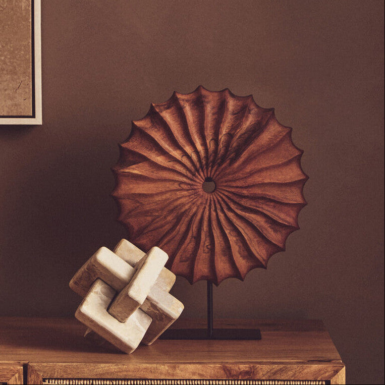 Orsina Westo Brown Wood Round Sculpture | Hand-Carved Tabletop Decor