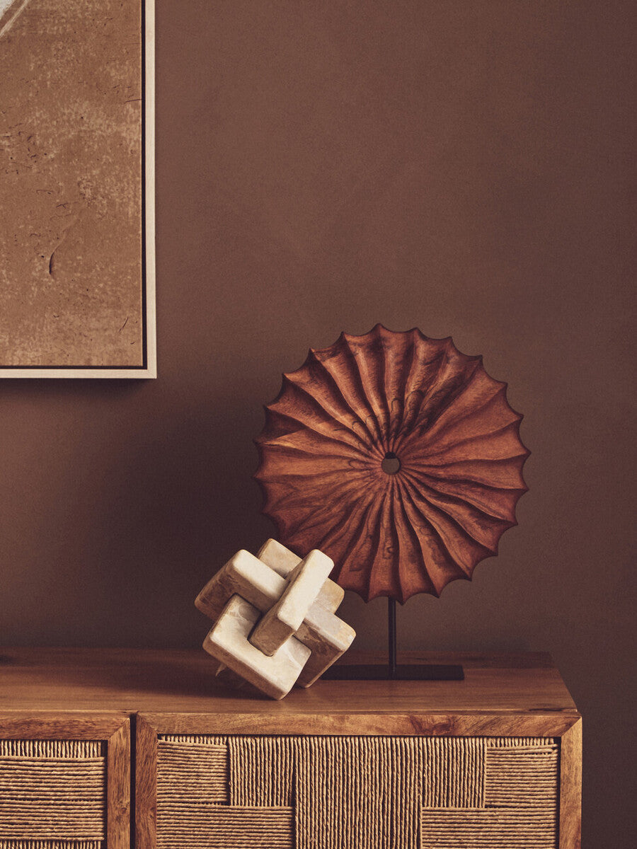 Orsina Westo Brown Wood Round Sculpture | Hand-Carved Tabletop Decor