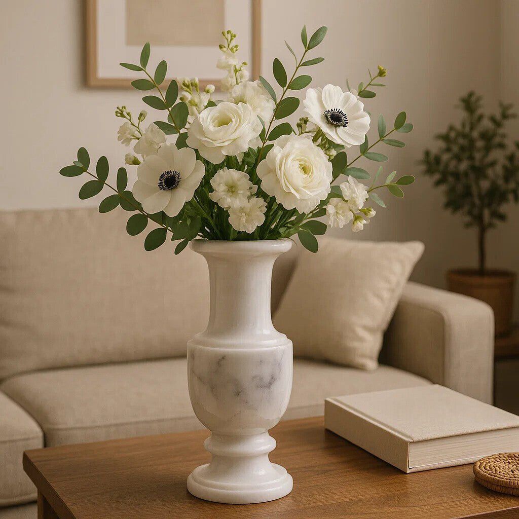 Orsina Zoro White Marble Vase – Elegant Urn Style Floral Centerpiece