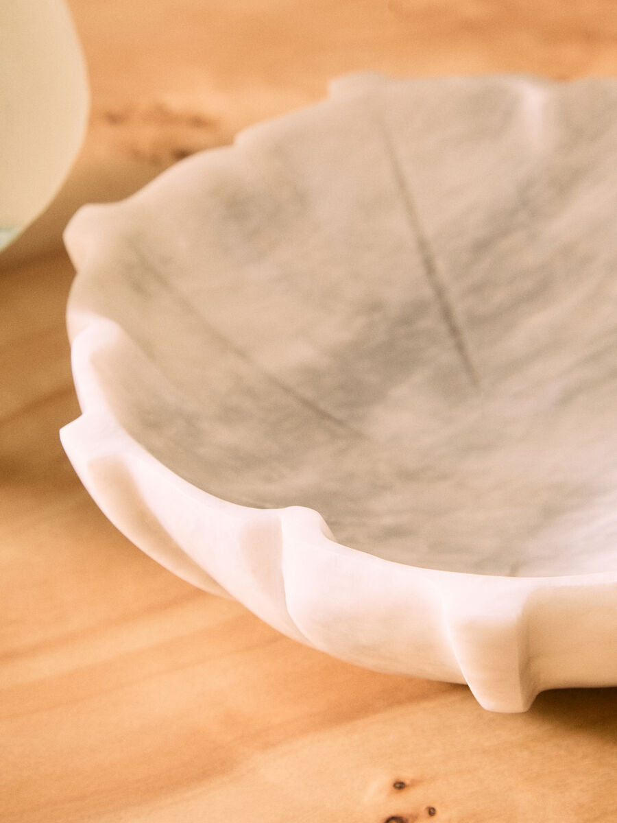 Orsina Zoro Large White Marble Lotus Bowl – Hand Carved Stone Centerpiece