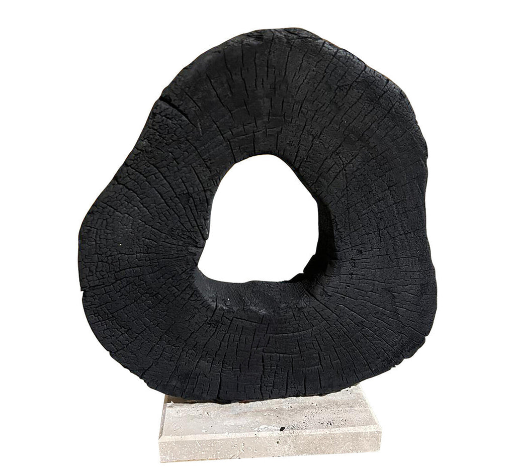 Orsina Tibor Black Mango Wood Sculpture with Travertine Base