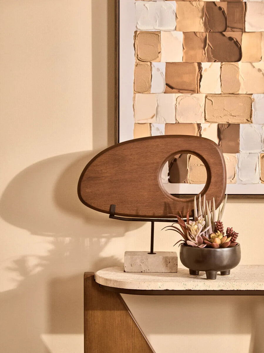 Orsina Westo Natural Wood Horizontal Sculpture with Travertine Base