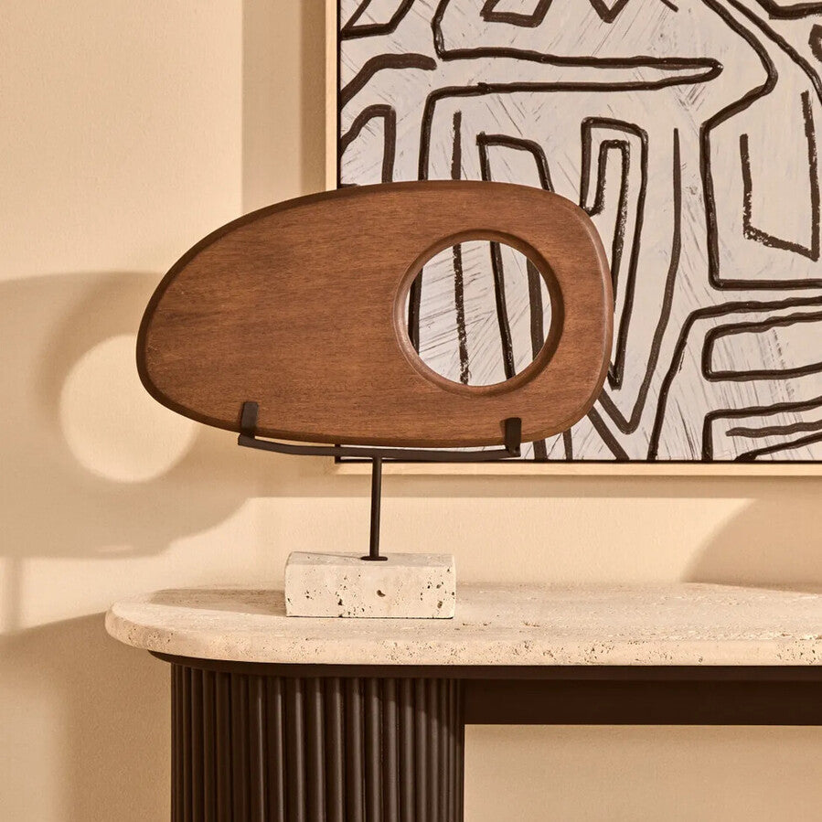 Orsina Westo Natural Wood Horizontal Sculpture with Travertine Base