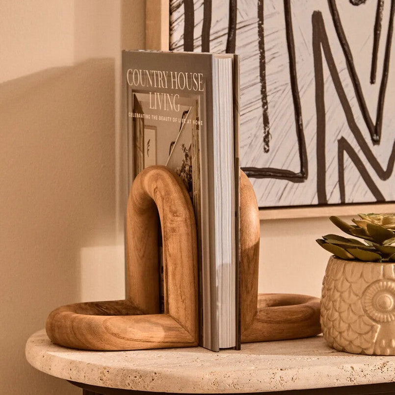 Orsina Arlo Natural Wood Bookends | Modern Wooden Bookend Set of 2