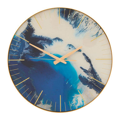Orsina Celina Blue Abstract Wall Clock – Modern Gold Frame Glass Art