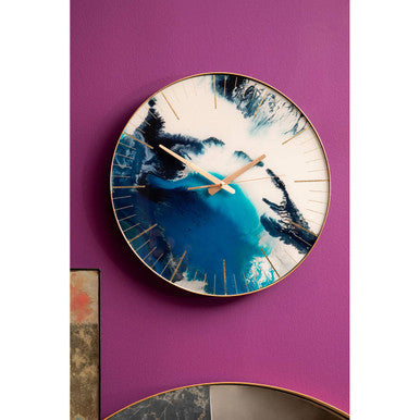 Orsina Celina Blue Abstract Wall Clock – Modern Gold Frame Glass Art
