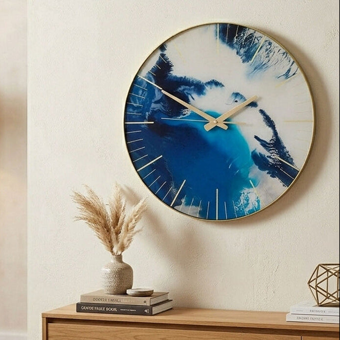 Orsina Celina Blue Abstract Wall Clock – Modern Gold Frame Glass Art