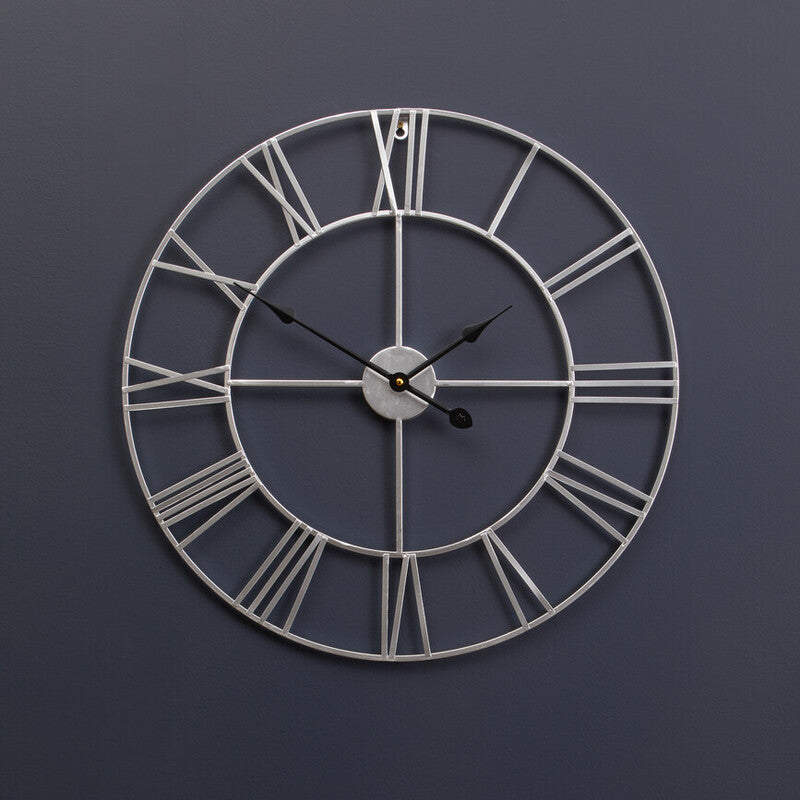 Orsina Genova Silver Metal Roman Numeral Wall Clock – 40cm Modern Decor