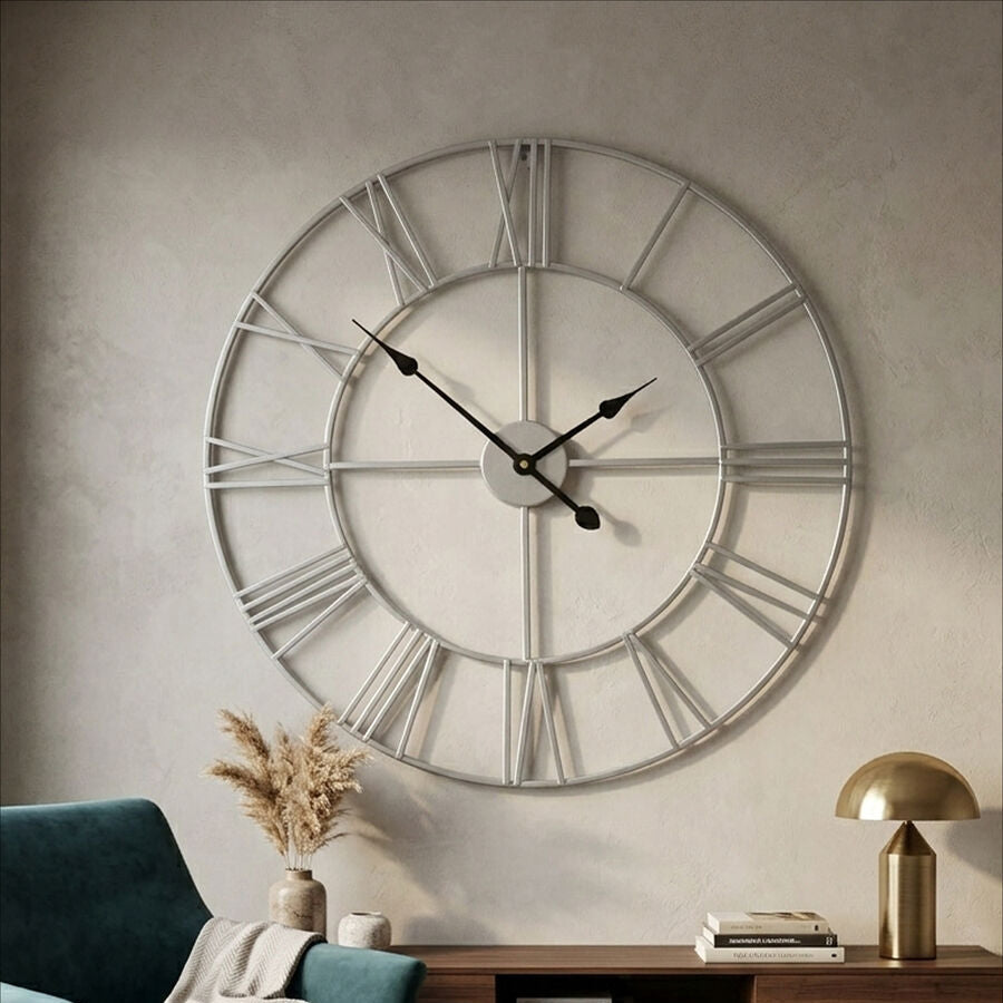 Orsina Genova Silver Metal Roman Numeral Wall Clock – 40cm Modern Decor