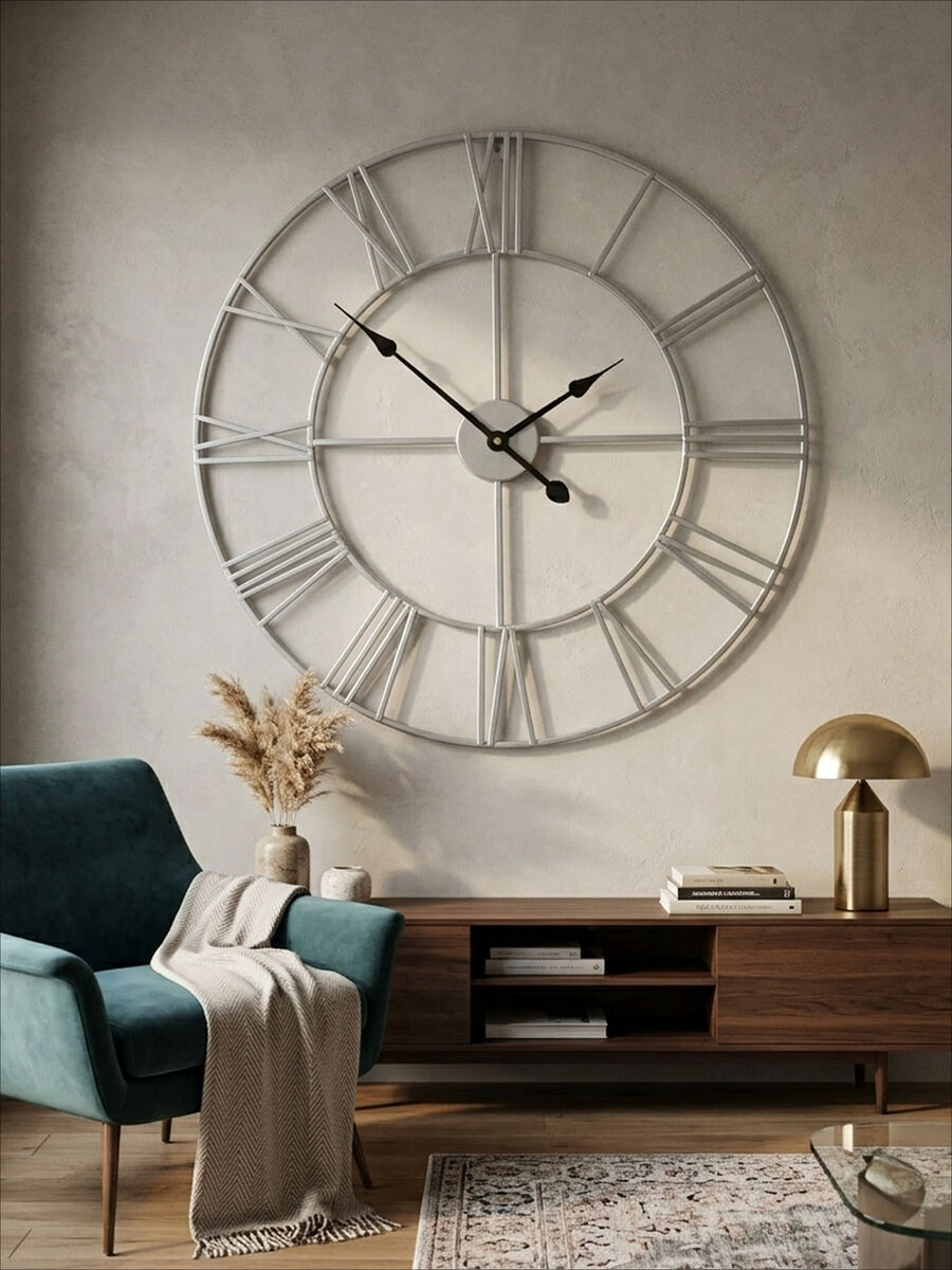 Orsina Genova Silver Metal Roman Numeral Wall Clock – 40cm Modern Decor