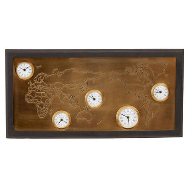 Orsina World Map Wall Clock – Multi-Time Zone Gold Metal Art