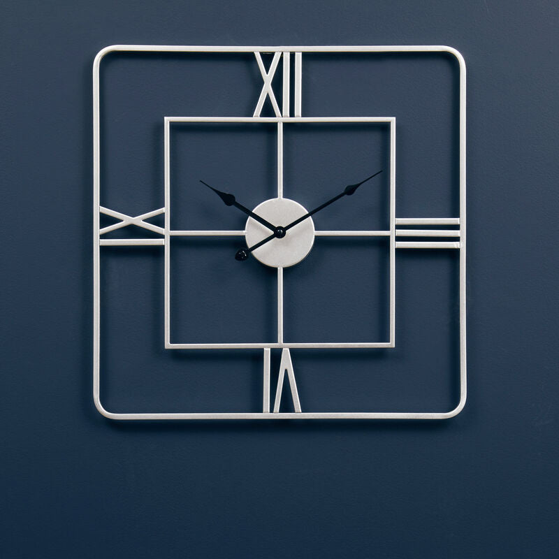 Orsina Kent Large Silver Square Wall Clock – Metal Roman Numeral Design