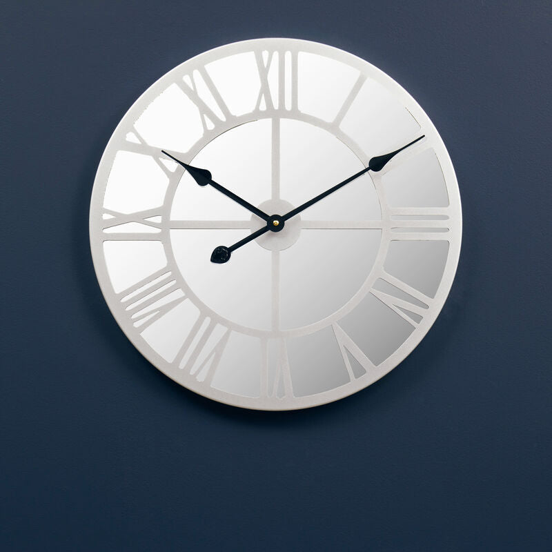 Orsina Kent Silver Mirrored Wall Clock | Skeleton Roman Numeral Design
