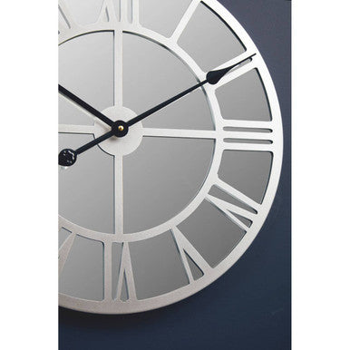 Orsina Kent Silver Mirrored Wall Clock | Skeleton Roman Numeral Design