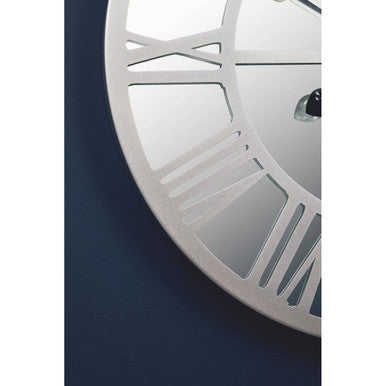 Orsina Kent Silver Mirrored Wall Clock | Skeleton Roman Numeral Design
