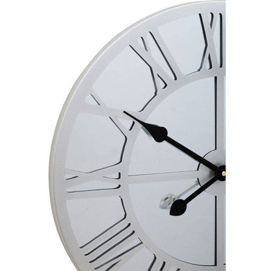 Orsina Kent Silver Mirrored Wall Clock | Skeleton Roman Numeral Design