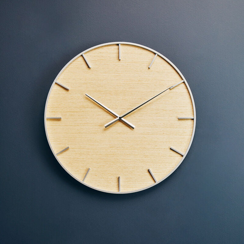 Orsina Kent Wall Clock – Silver Metal Frame with Natural Wood Dial