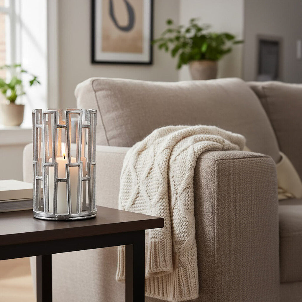 Orsina Delphi Small Silver Metal Candle Holder – Modern Patterned Votive