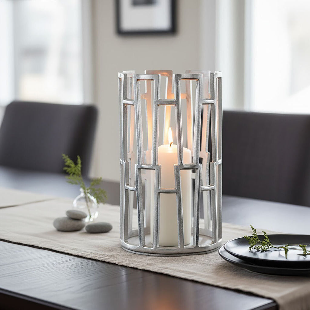 Orsina Delphi Large Silver Candle Holder – Art Deco Metal Pillar Stand