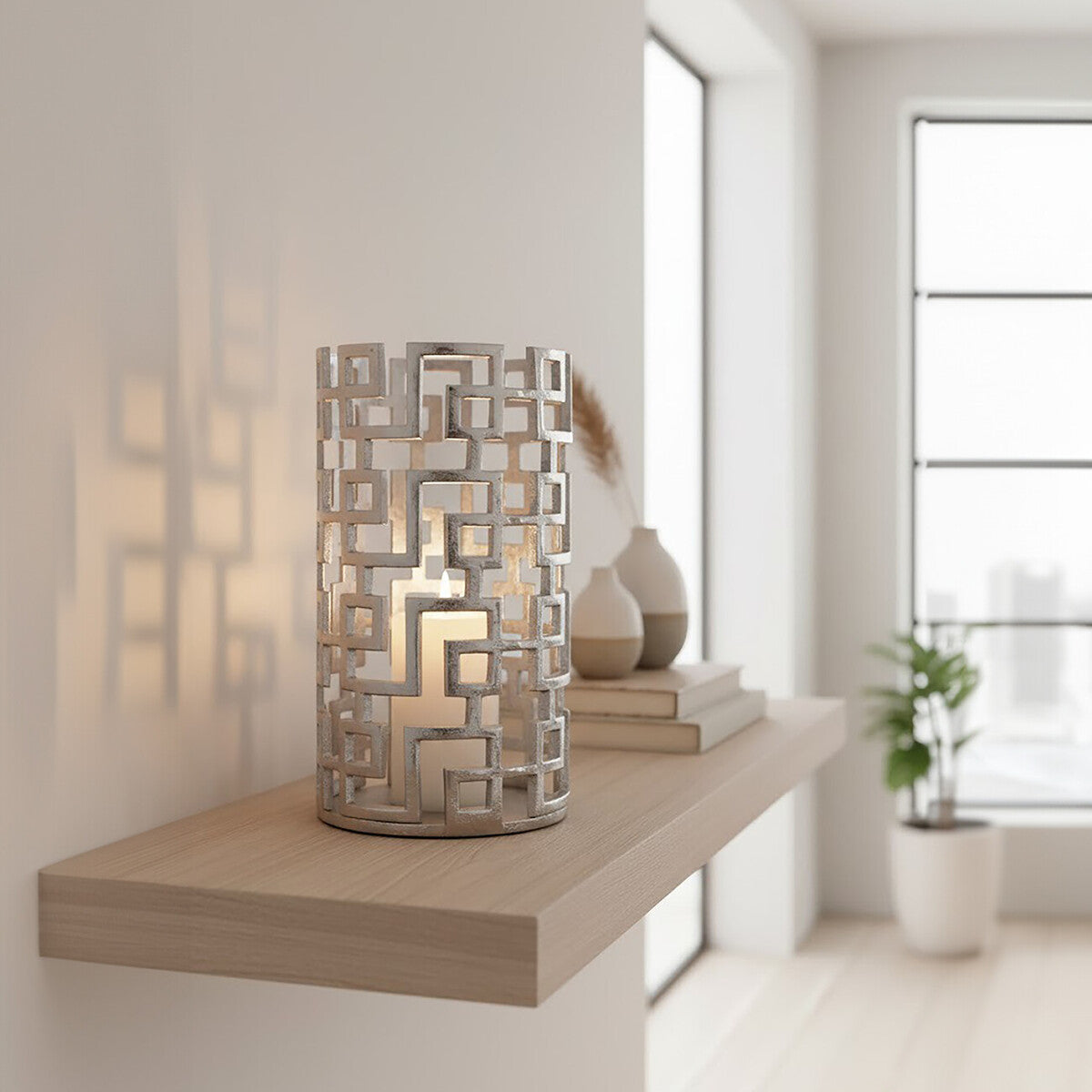 Orsina Delphi Large Silver Candle Holder – Handcrafted Metal Lantern
