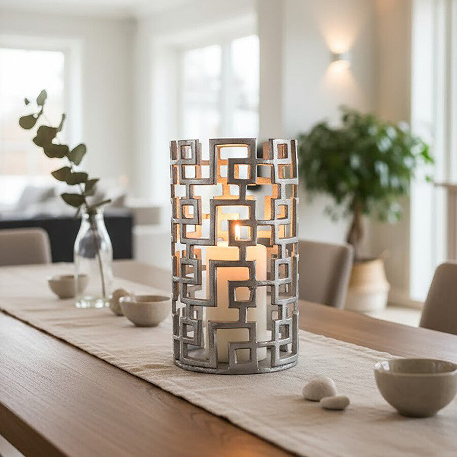 Orsina Delphi Large Silver Candle Holder – Handcrafted Metal Lantern