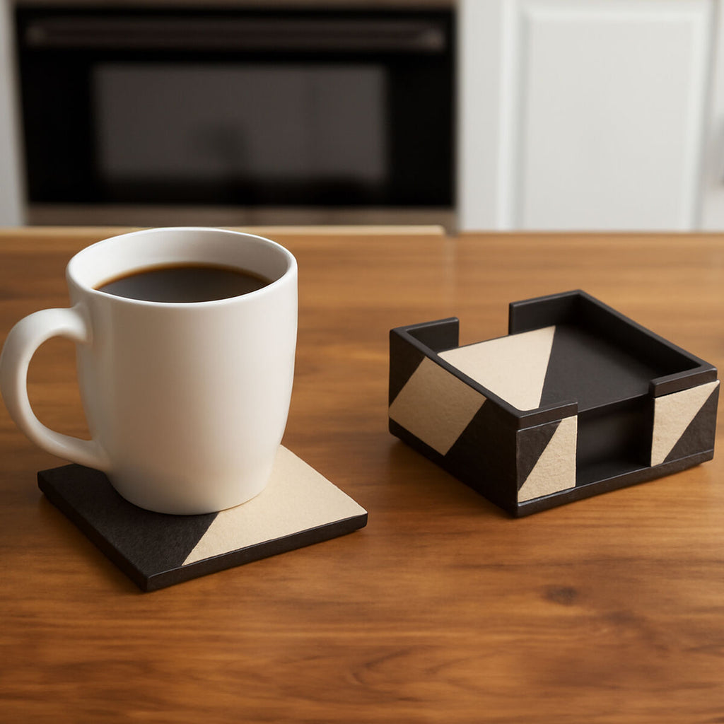 Orsina Ezra Ceramic Drink Coasters - Set of 4 Black and White with Holder