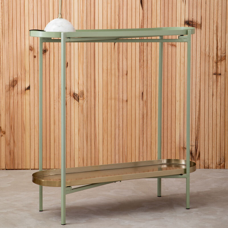 Orsina Sabia Green and Gold Console Table – Two-Tier Iron Entryway Table