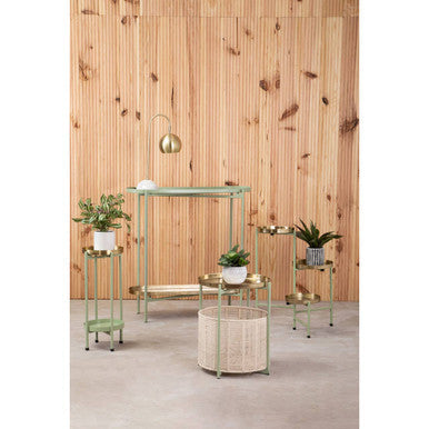 Orsina Sabia Green and Gold Console Table – Two-Tier Iron Entryway Table