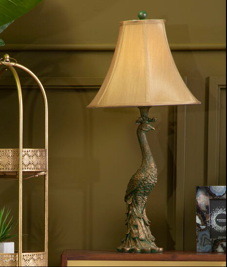 Orsina Peacock Sculptural Table Lamp – Bronze Finish with Silk Shade