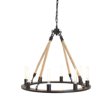 Orsina Hampstead 8-Light Chandelier – Antique Black Iron & Linen Rope