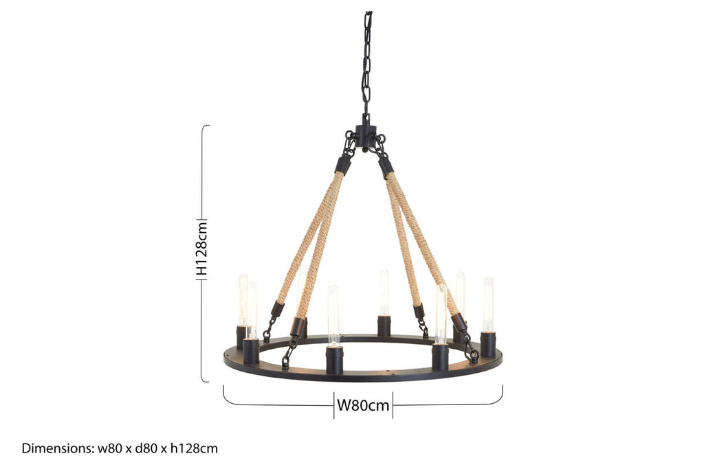 Orsina Hampstead 8-Light Chandelier – Antique Black Iron & Linen Rope