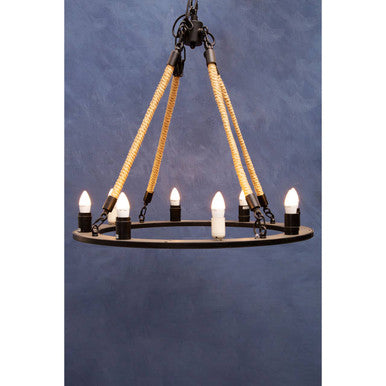 Orsina Hampstead 8-Light Chandelier – Antique Black Iron & Linen Rope